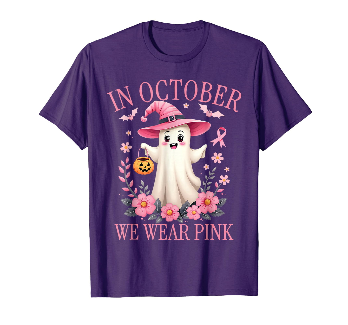 in October We Wear Pink Ghost Witch Breast Cancer Awareness T-Shirt