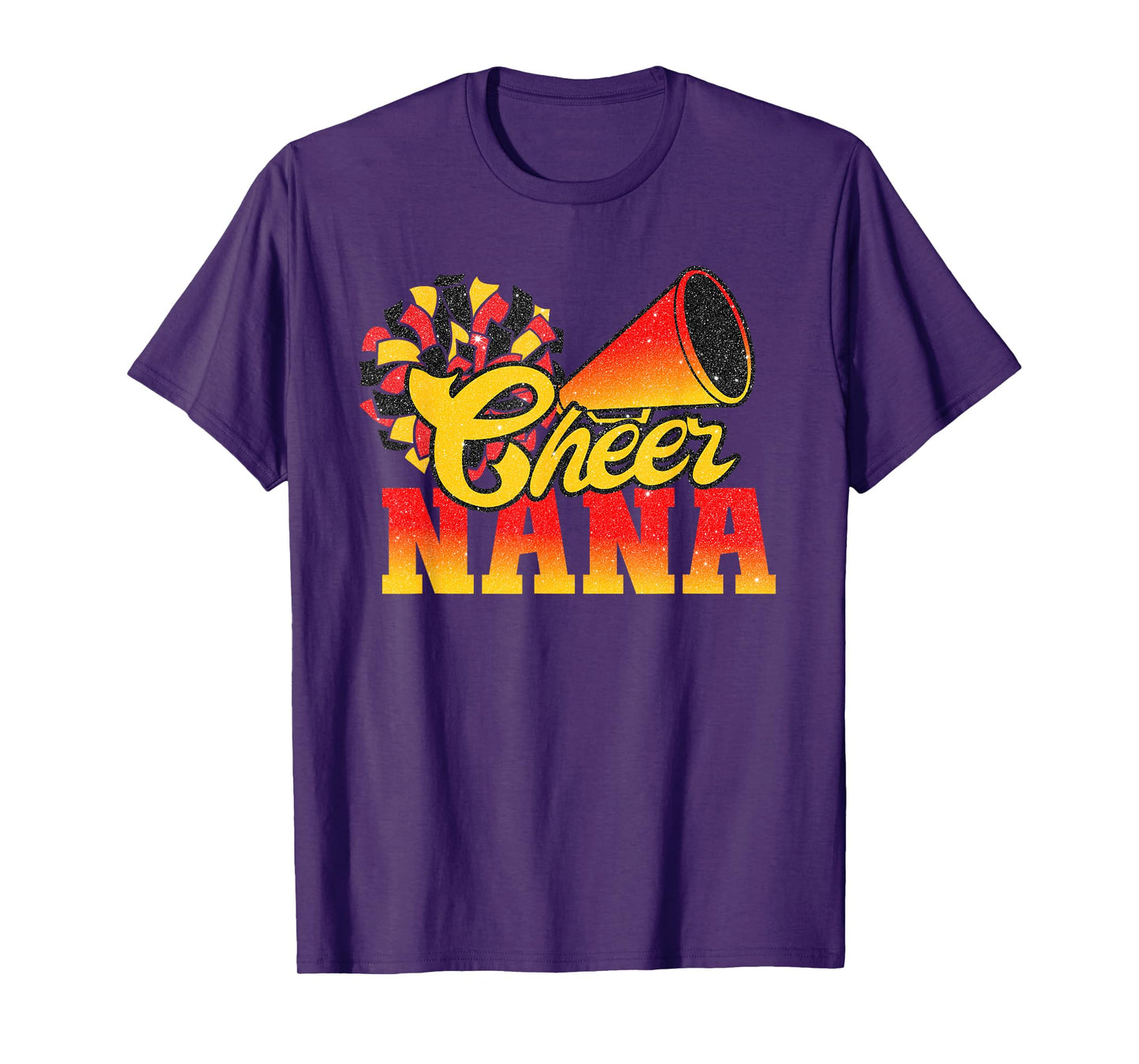Cheer Nana Biggest Fan Cheerleader Orange Red Gold Pom Pom T-Shirt