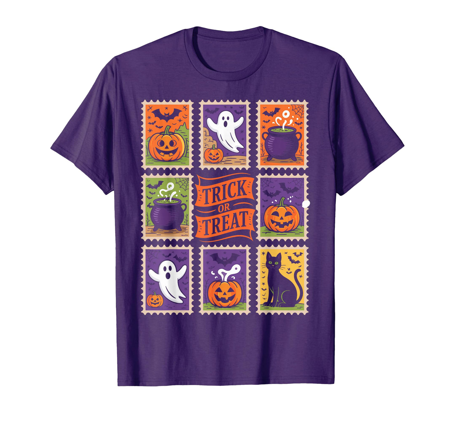 Retro Halloween Stamp Icons Funny Halloween Cat Ghost Stamp T-Shirt