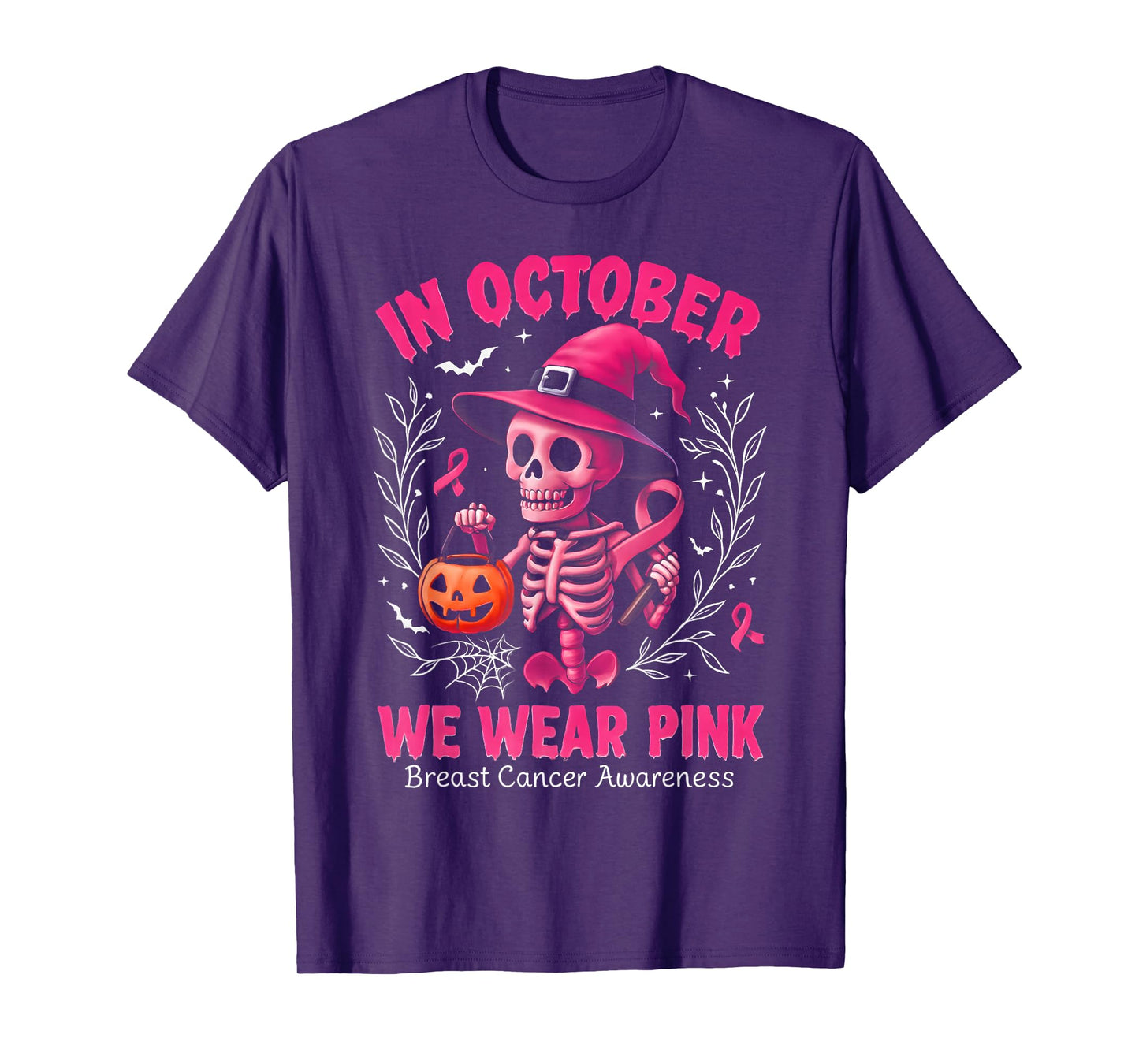 in October We Wear Pink Breast Cancer Women Girls Halloween T-Shirt