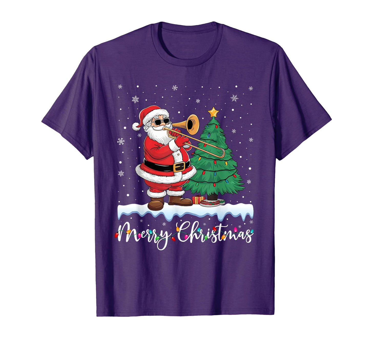 Merry Christmas Lights Santa Playing Trombone Ugly Xmas T-Shirt