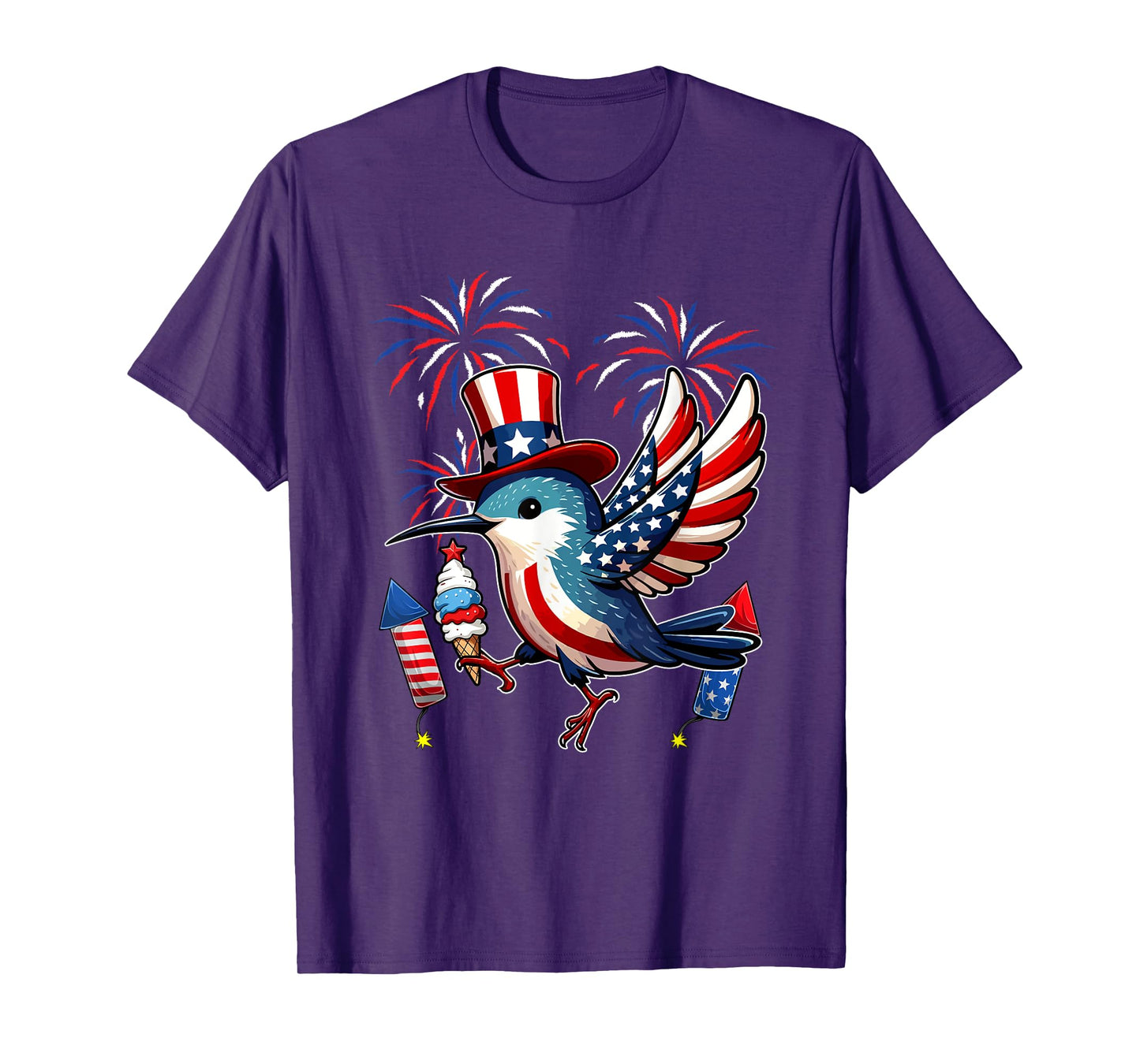 Hummingbird Sunglasses Eating Ice Cream 4th July US Flag T-Shirt