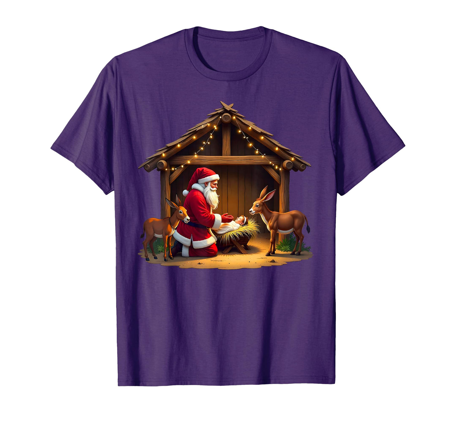 Kneeling Santa Claus & Baby Jesus Merry Christmas Christians T-Shirt