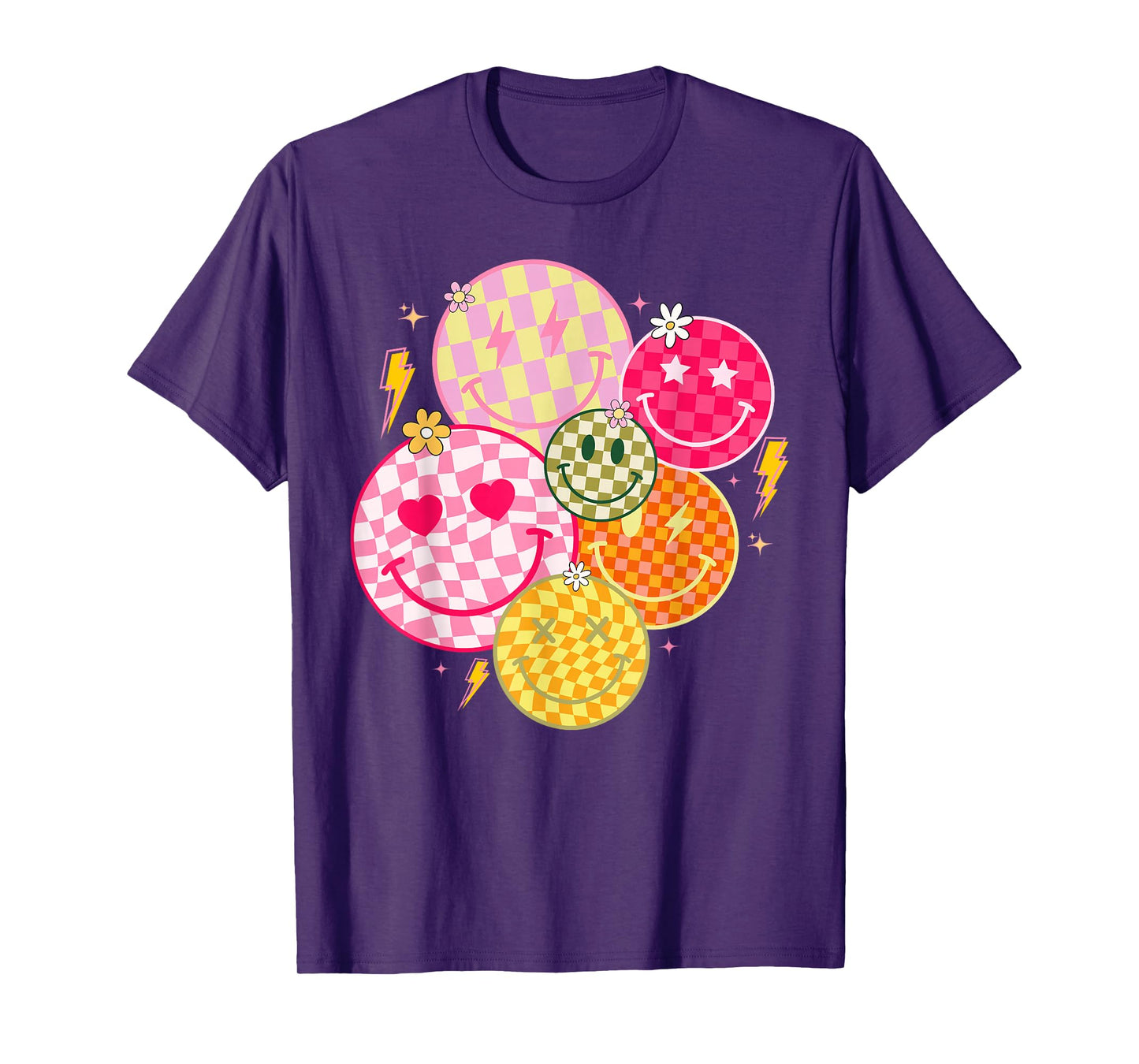 Retro Happy Face Shirt Checkered Pattern Smile Face Trendy T-Shirt