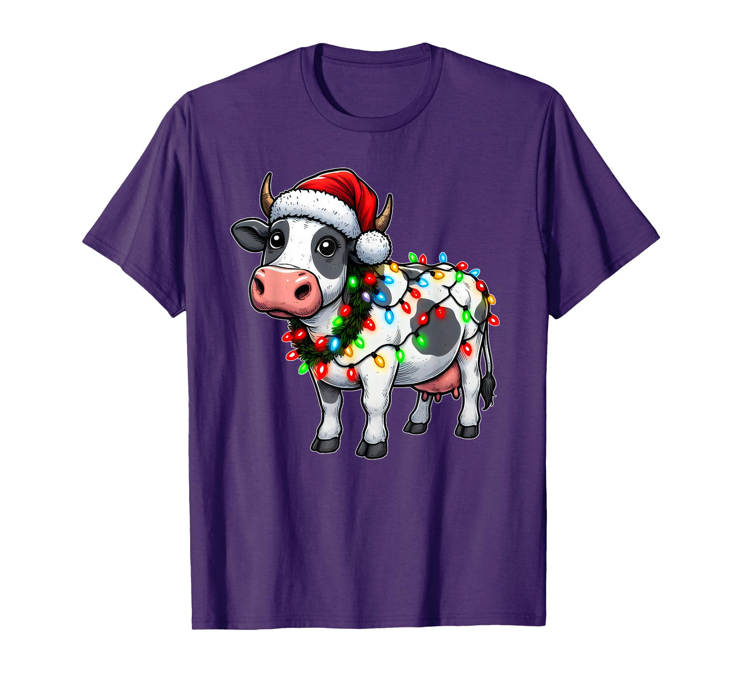Merry Christmas Cow Santa Christmas Lights Cow Xmas Tree T-Shirt