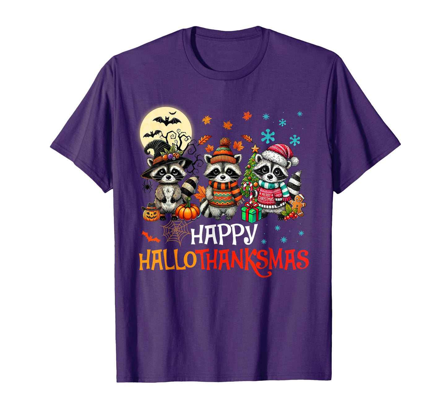 Happy Hallothanksmas Raccoon Lover Halloween Merry Christmas T-Shirt