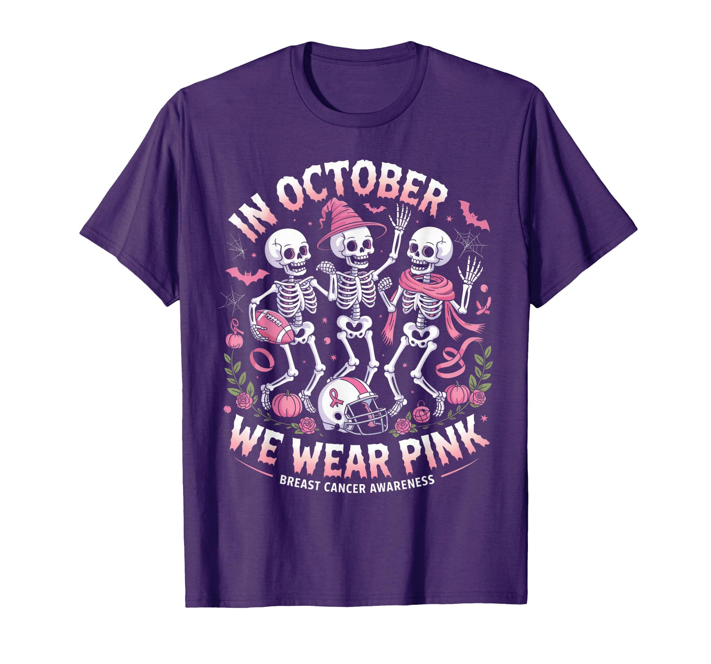 in October We Wear Pink Halloween Skeleton Breast Cancer T-Shirt