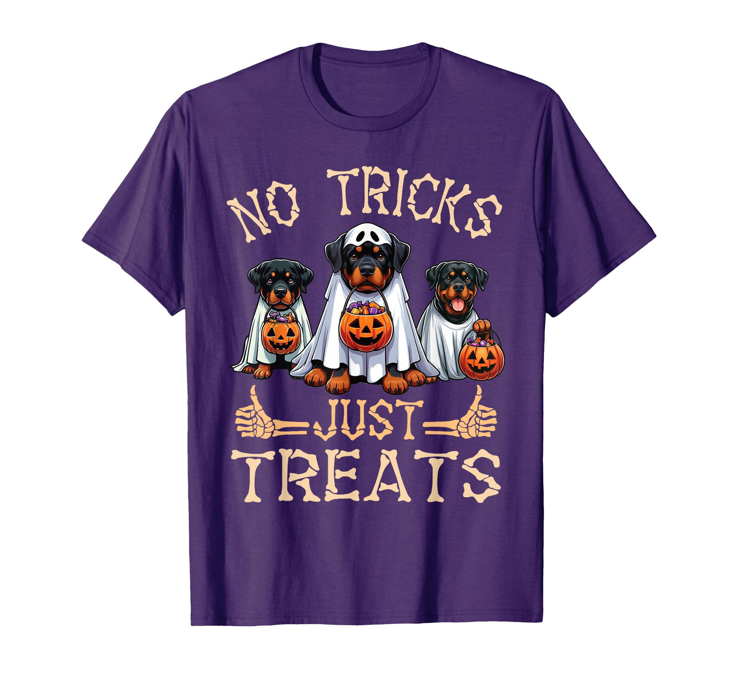 Rottweiler Dog Ghosts Pumpkin Candy No Tricks Just Treats T-Shirt