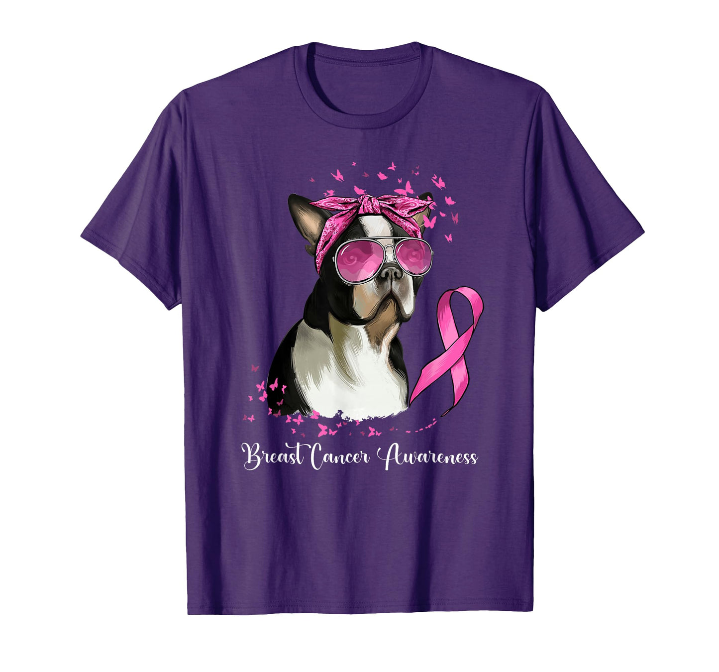 Boston Terrier Dog Lover Pink Ribbon Breast Cancer Awareness T-Shirt