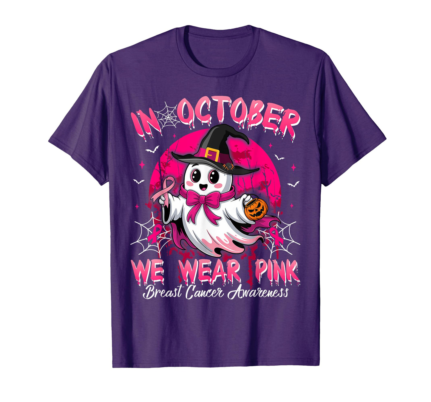 In October We Wear Pink Ghost Witch Breast Cancer Awareness T-Shirt