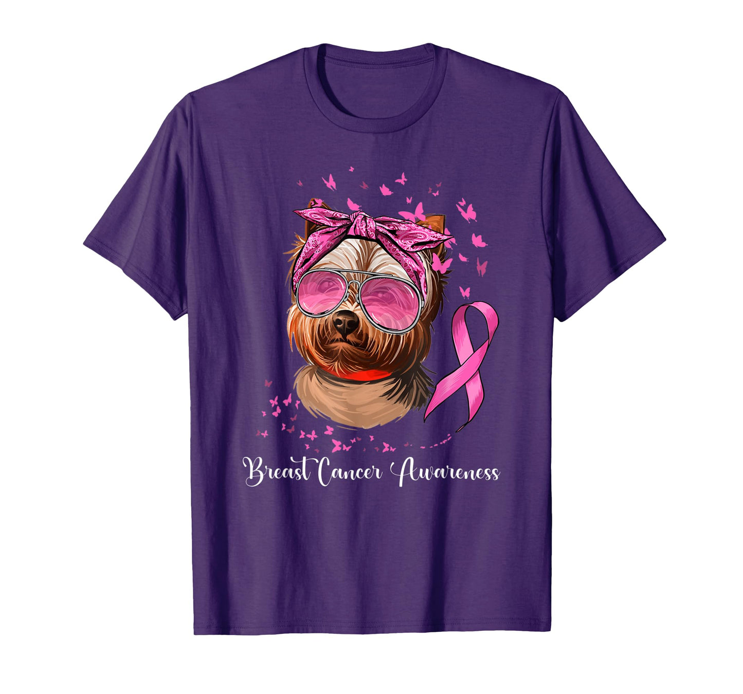 Yorkie Dog Lover Pink Ribbon Breast Cancer Awareness T-Shirt