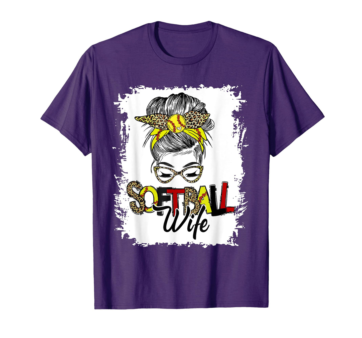Softball Wife Life With Leopard Messy Bun Mother's Day T-Shirt