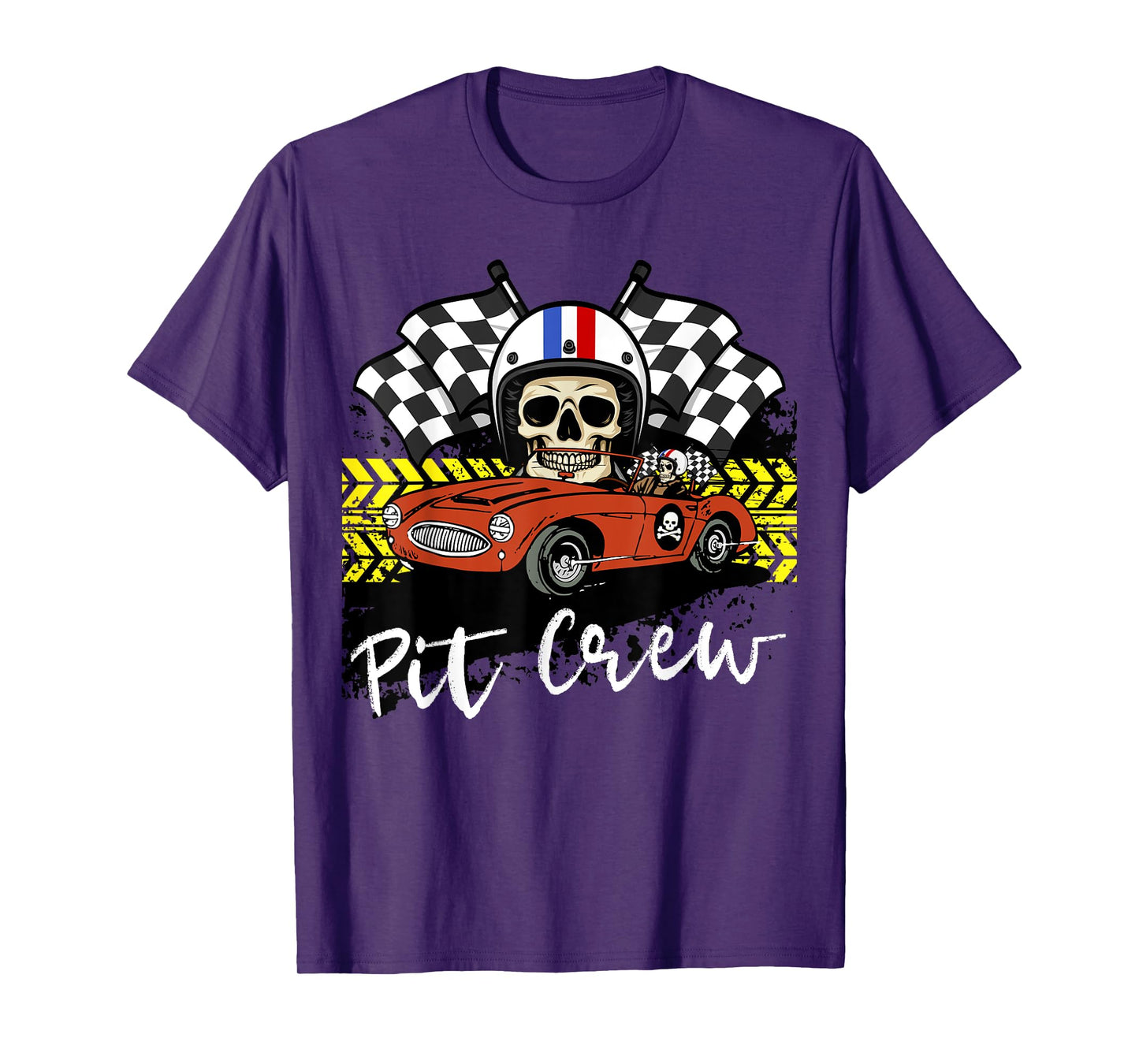 Skull Pit Crew Race car Skeleton Checkered Flag Halloween T-Shirt