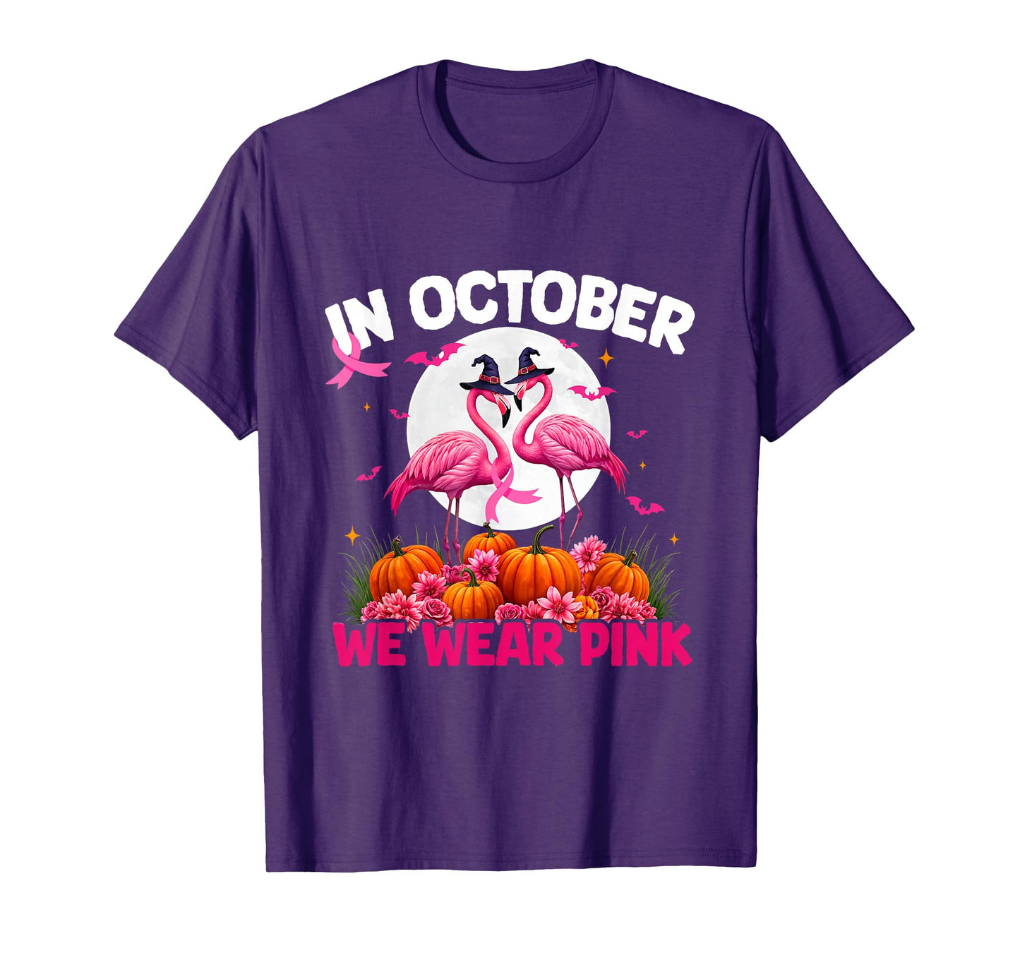 In October We Wear Pink Flamingo Witch Hat Breast Cancer T-Shirt