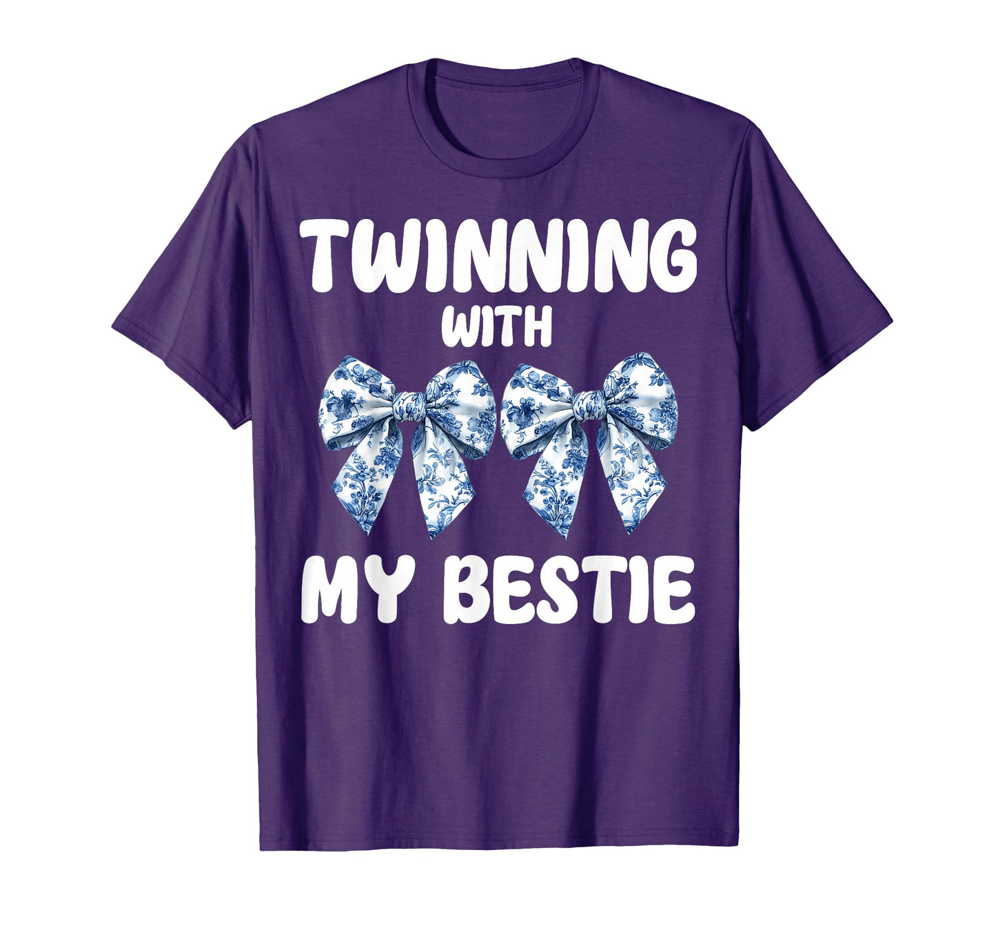 Cute Twinning With My Bestie Blue Toile Bow Coquette Bow T-Shirt