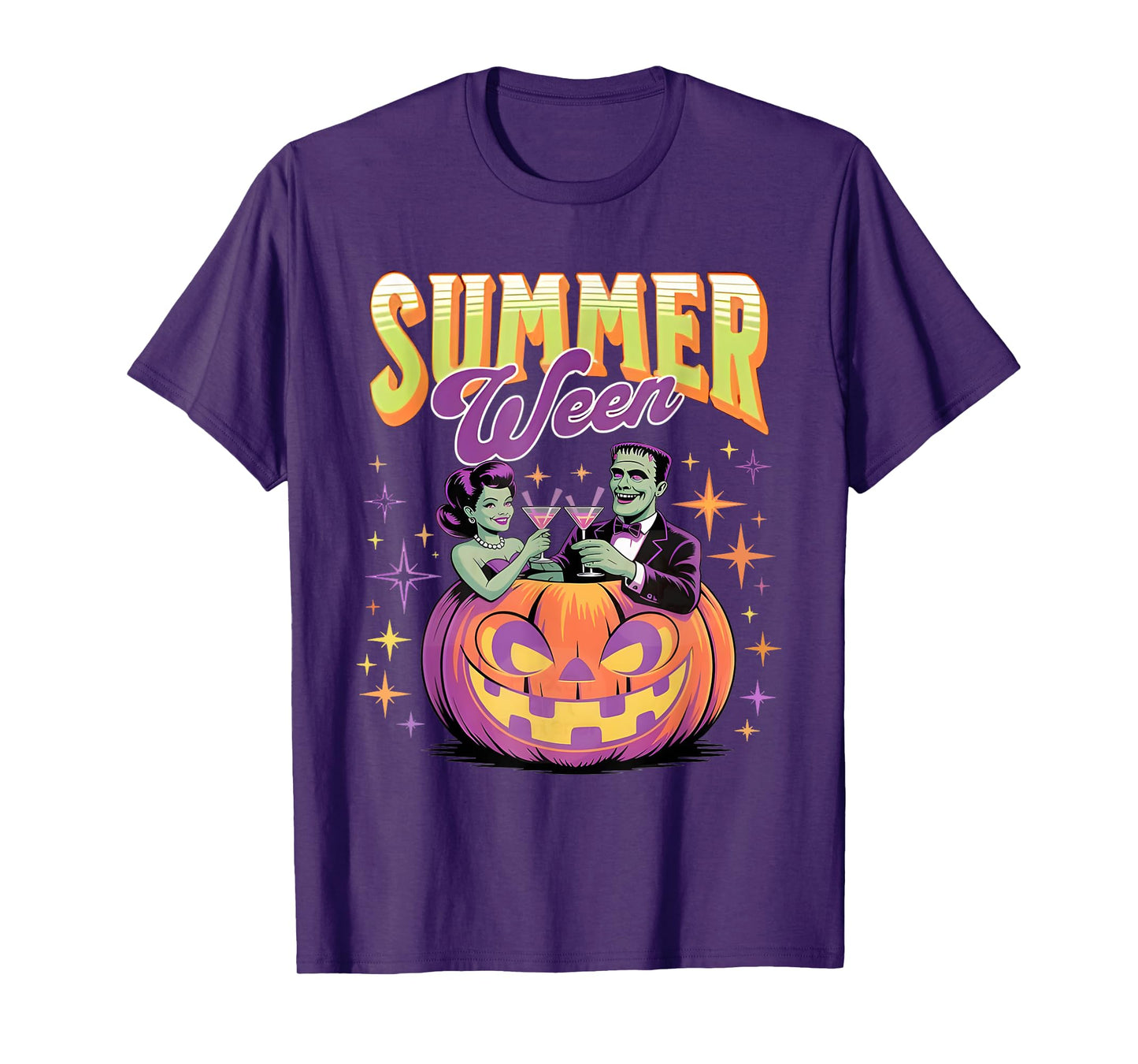Retro Happy Summerween Funny Frankenstein Monster And Bride T-Shirt