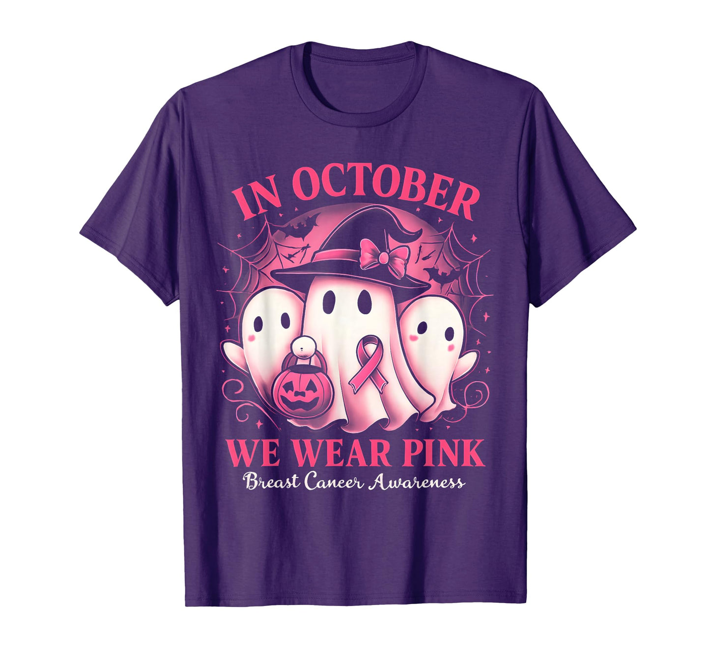in October We Wear Pink Ghost Halloween Women Breast Cancer T-Shirt