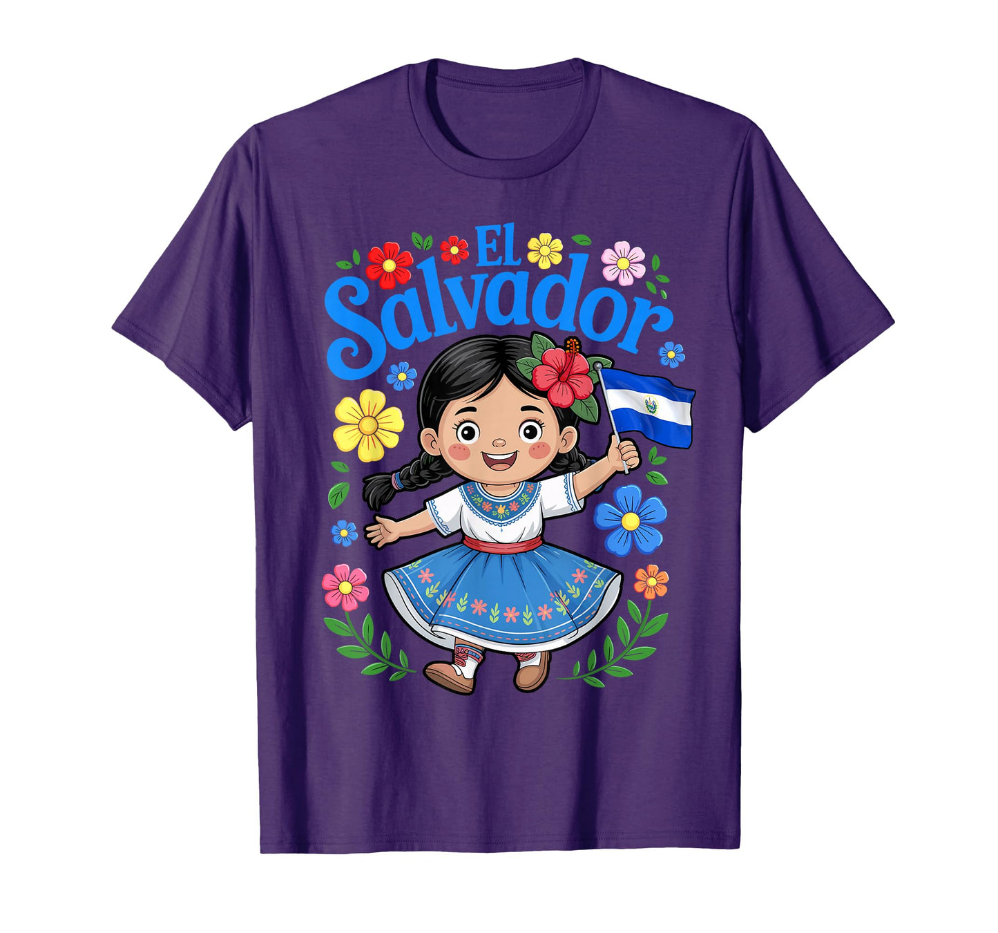 El Salvador Flag Girl Cute Floral Traditional Style for Kids T-Shirt