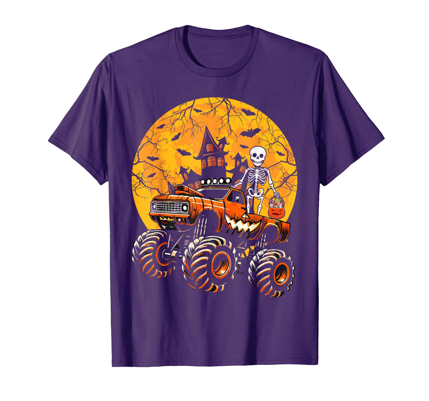 Halloween Skeleton Riding Monster Truck Pumpkin Boys Kids T-Shirt