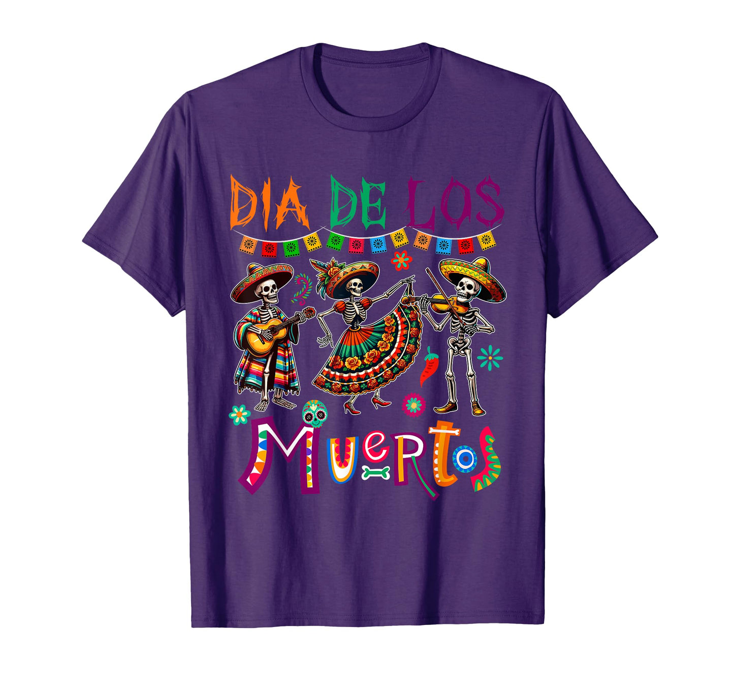Dia De Los Muertos Three Floral Skeletons Mexican Dancing T-Shirt