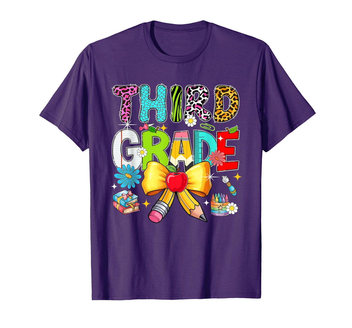 Third Grade Colorful Leopard Pencil Bow Tie Students Teacher T-Shirt