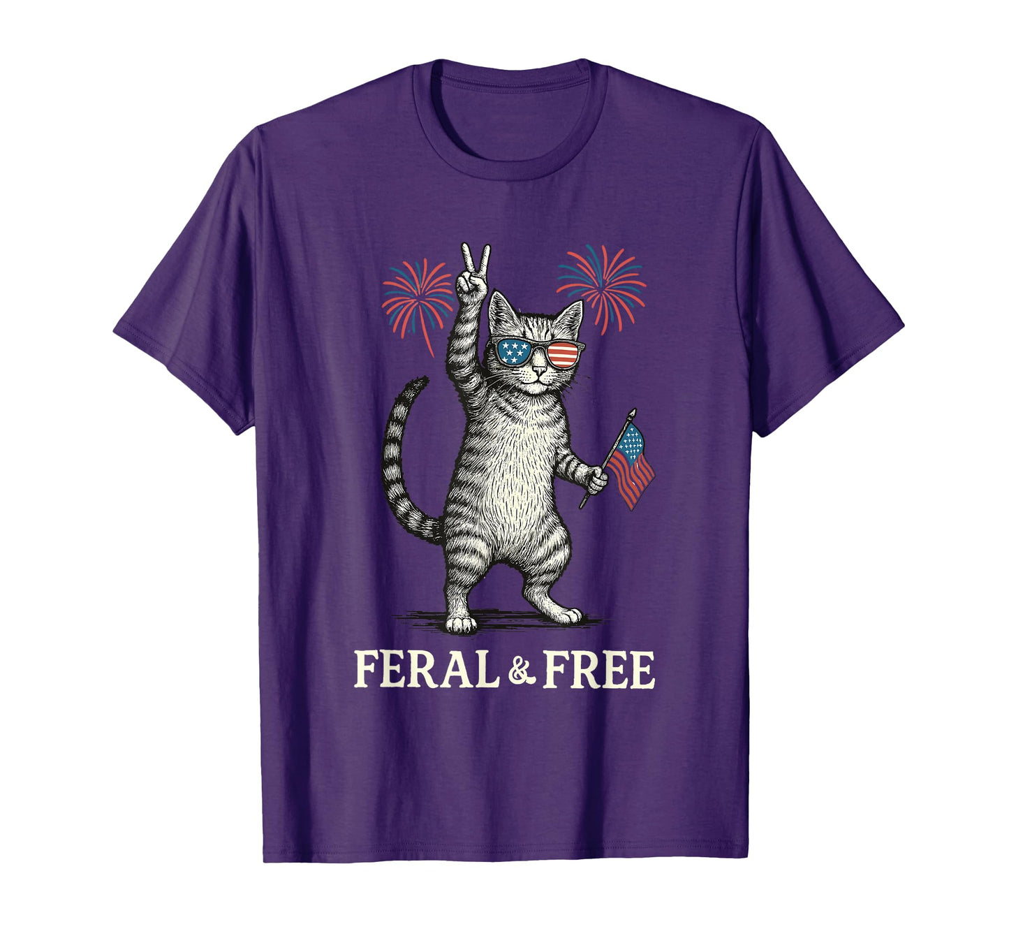 Feral & Free Funny Patriotic Cat Feral And Free 4th July Men Women Kids T-Shirt