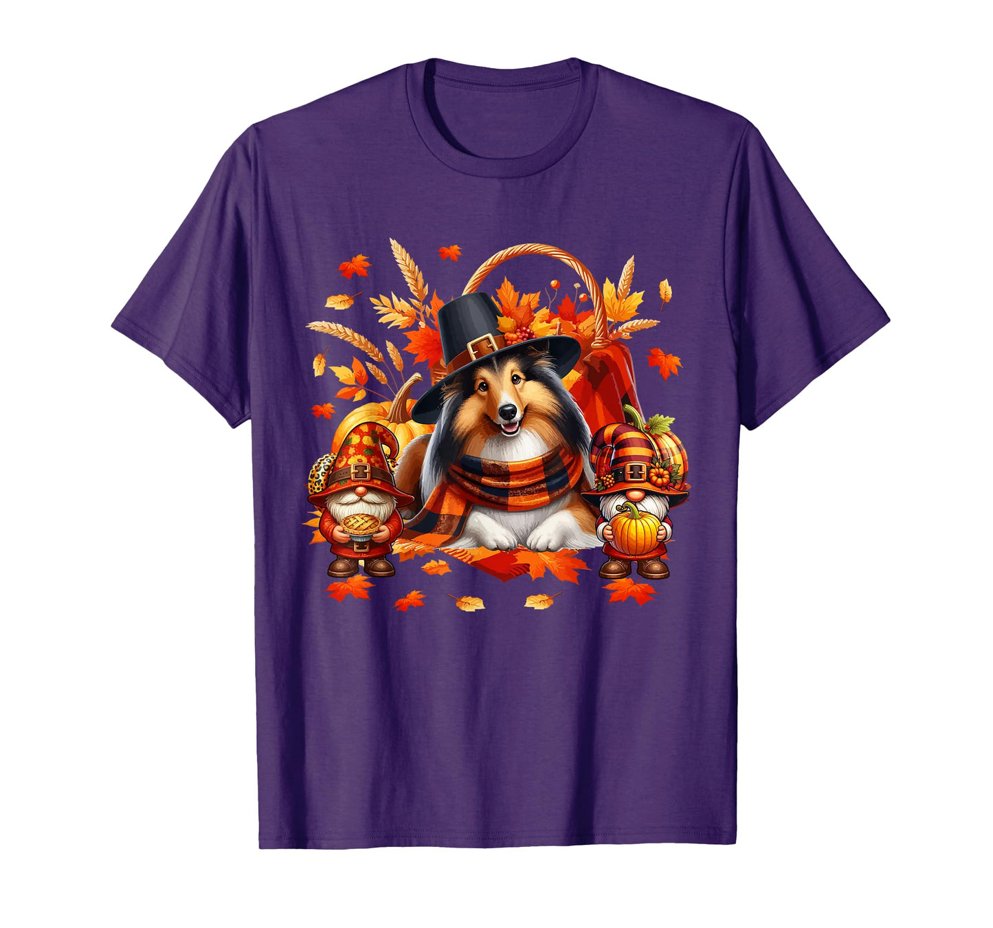 Thanksgiving Sheltie With Gnomes Fall Leaves Pumpkins T-Shirt