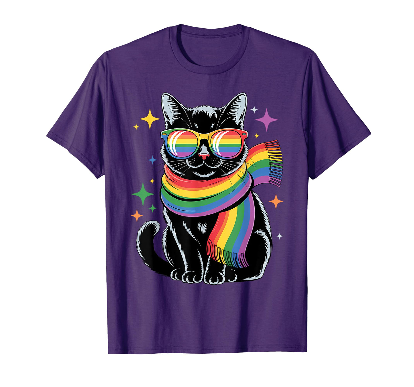 Cute Cat LGBTQ Rainbow Scarf and Glasses Gay Lesbian Pride T-Shirt