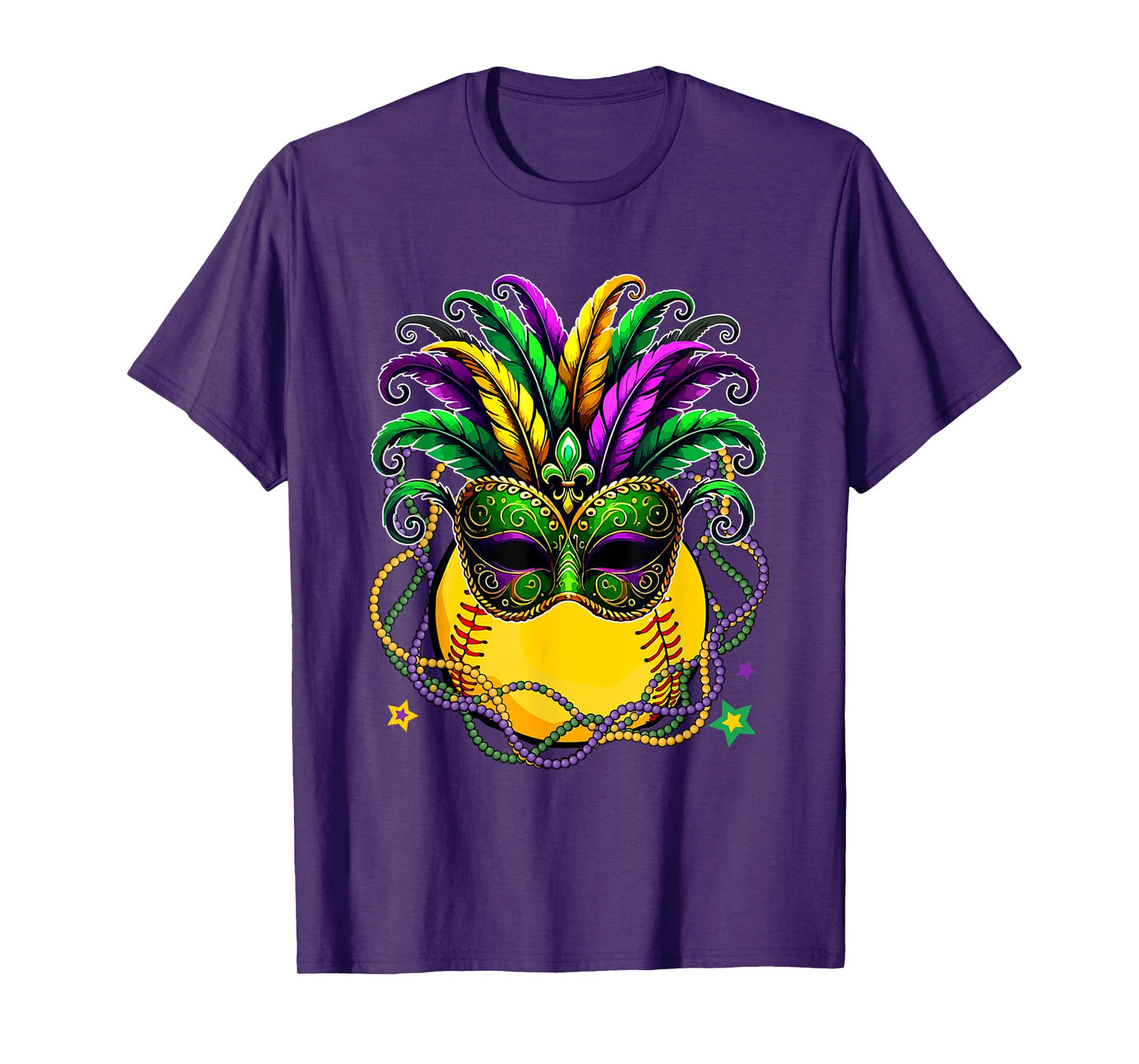 Softball Ball Wearing Mardi Gras Masked Beads Funny Player T-Shirt