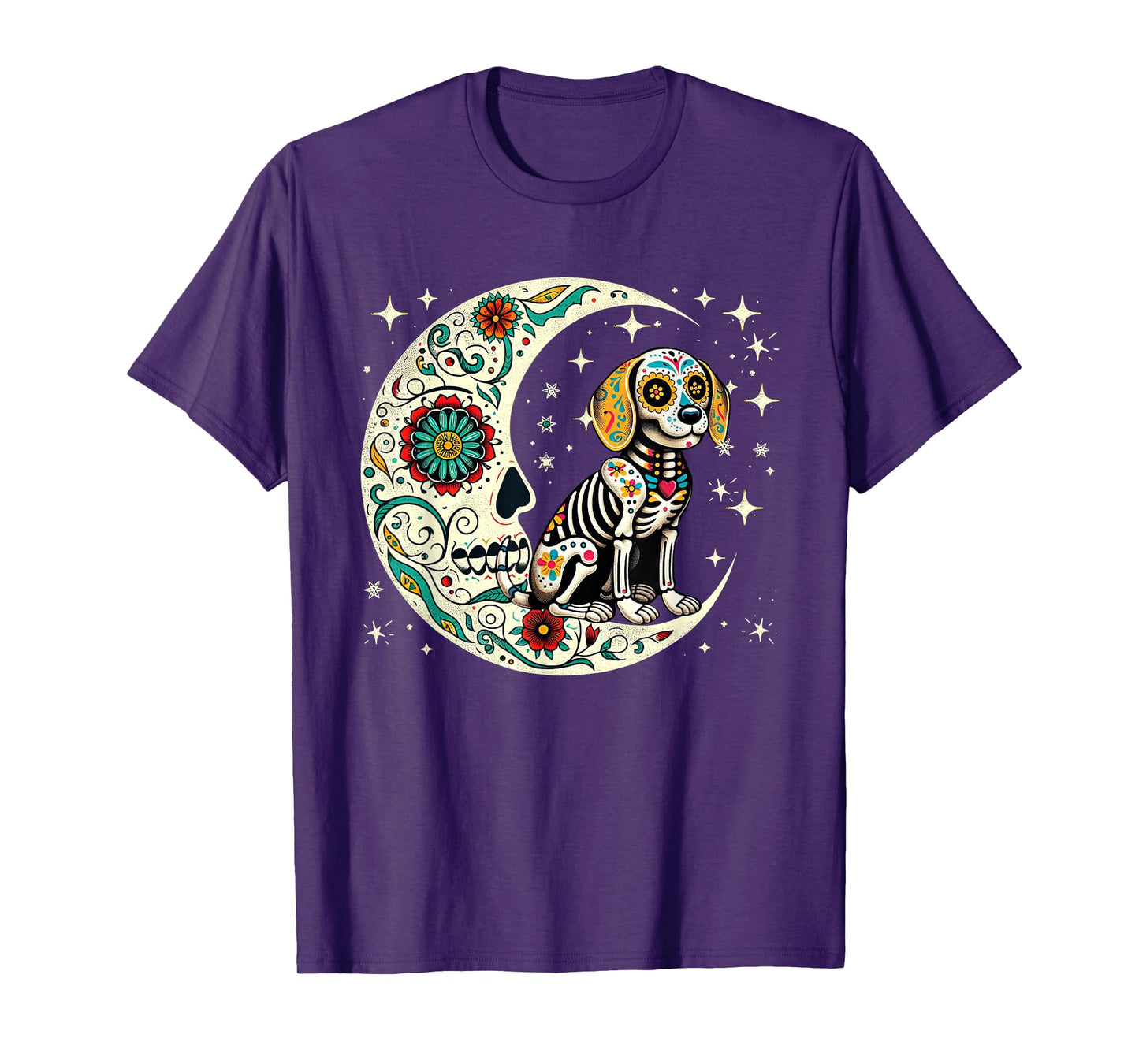 Dia De Los Muertos Halloween Moon Floral Skeleton Beagle T-Shirt
