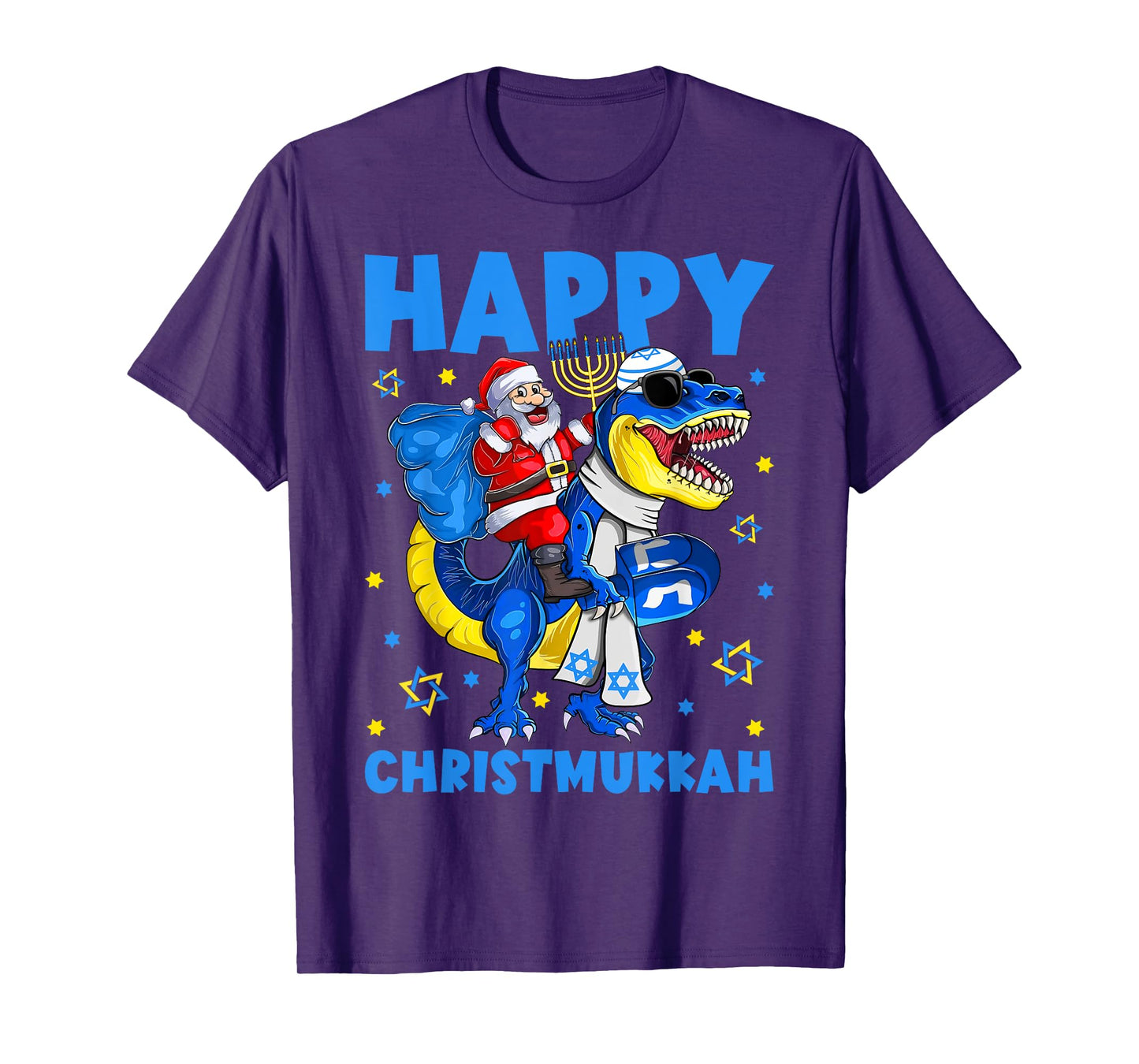 Happy Christmukkah Santa Rides Jewish T Rex Menorah Chanukah T-Shirt