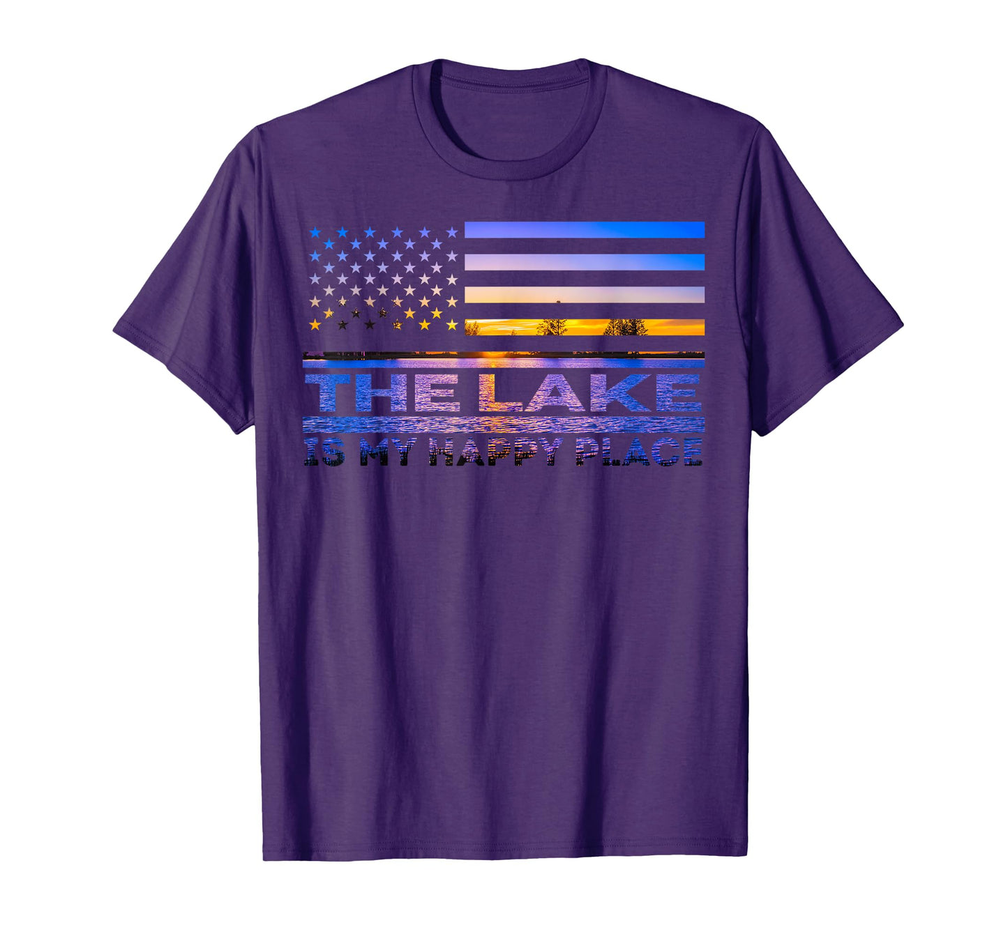 The Lake is My Happy Place Sunset American Flag Summer Vacay T-Shirt
