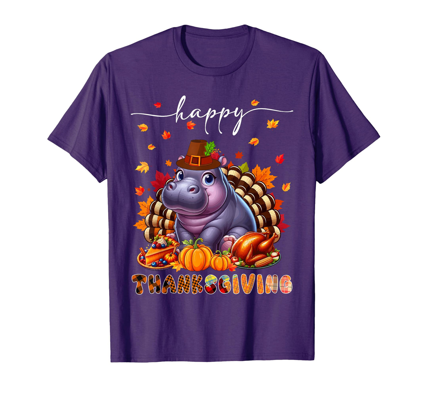 Happy Thanksgiving Hippo Costume Turkey Fall Leaves Food T-Shirt