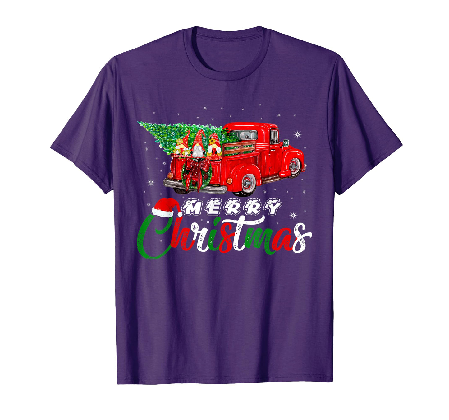 Three Gnomes In Red Truck With Christmas Pine Tree Xmas Day T-Shirt
