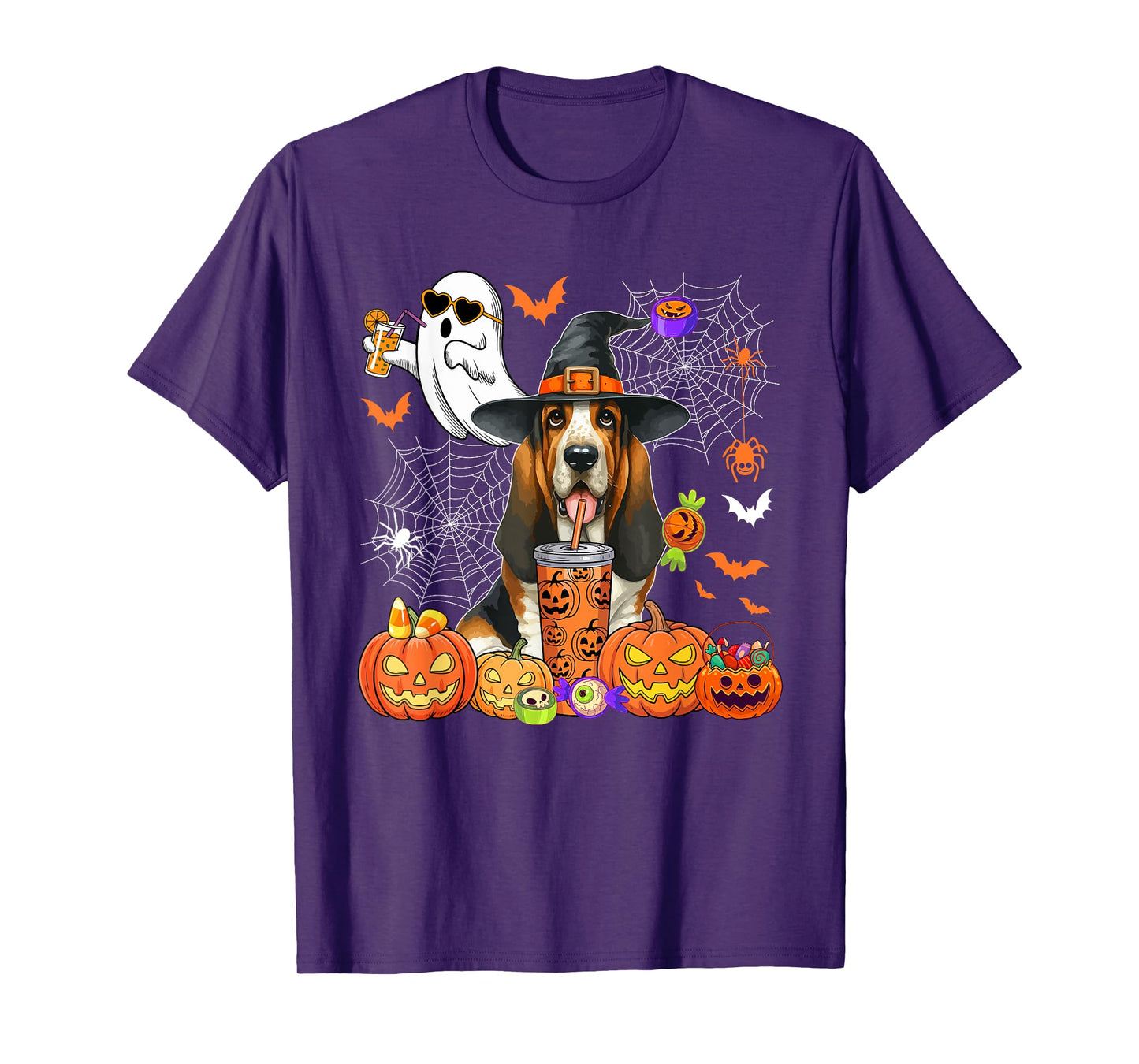 Basset Hound As Witch Drinking Coffee Halloween Boo Ghost T-Shirt