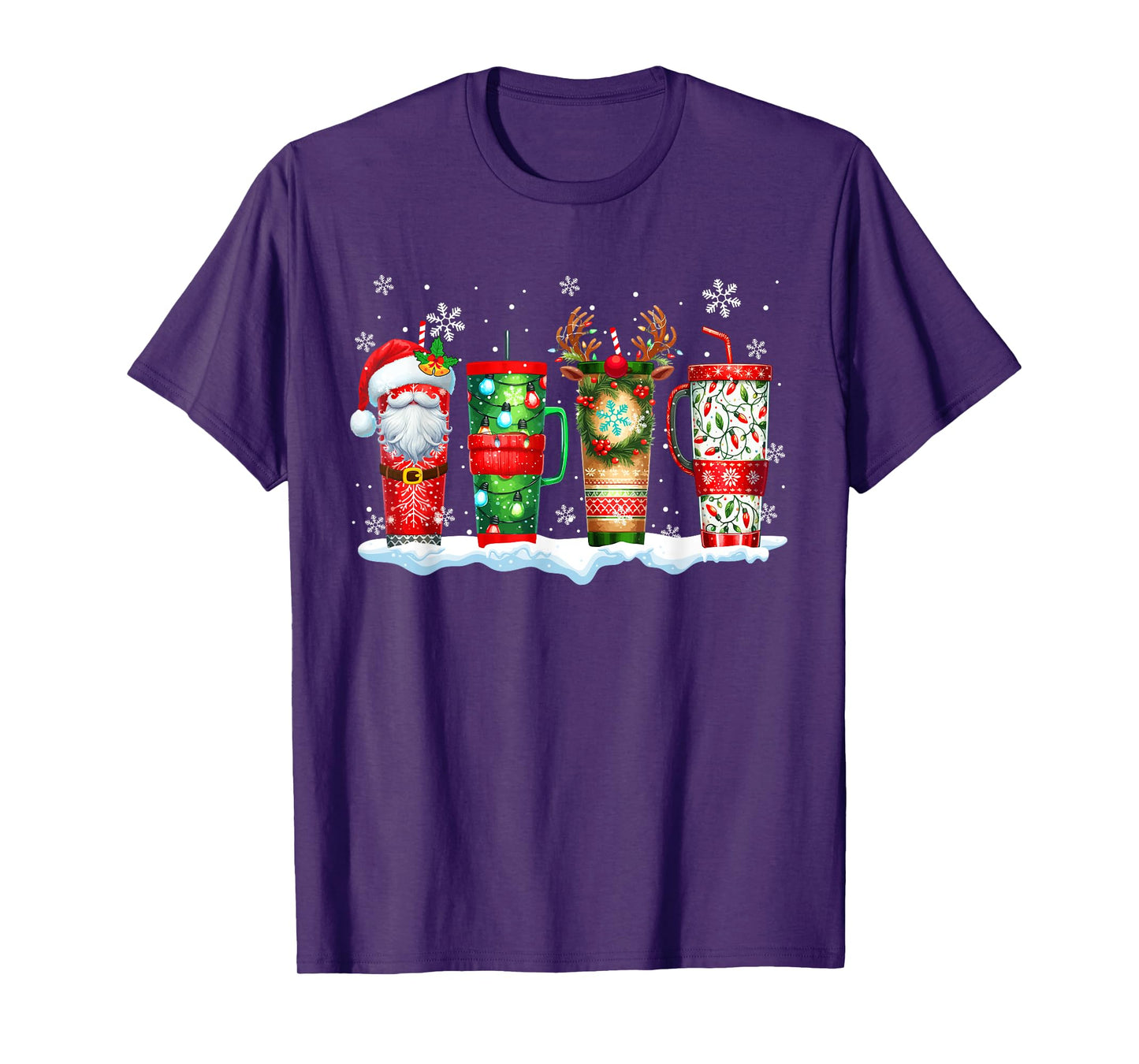 Three Santa Reindeer Elf Tumblers Of Coffee Christmas Lover T-Shirt