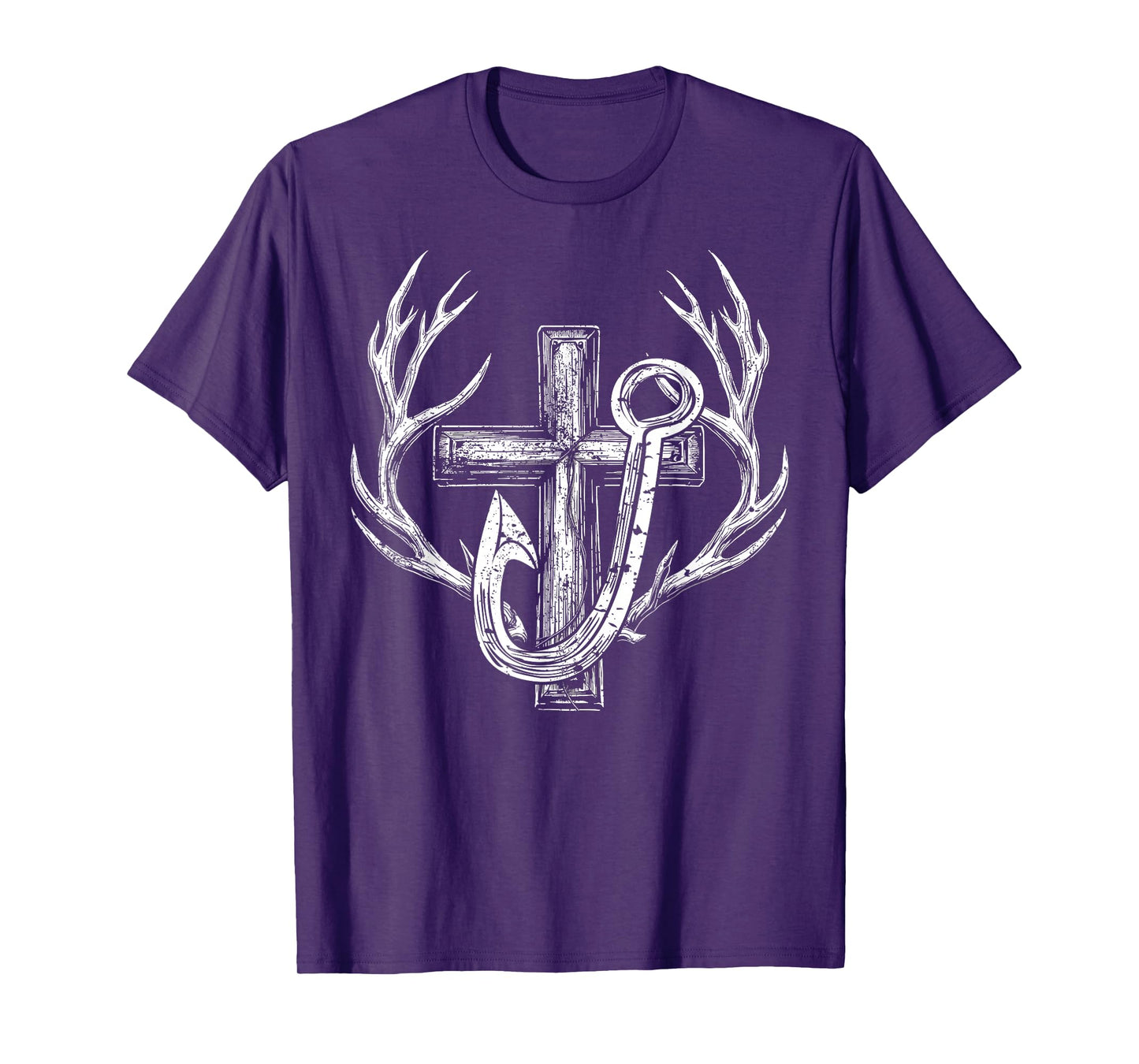 Cross & Fish Hook Deer Hunting & Fishing Lover Dad Christian T-Shirt