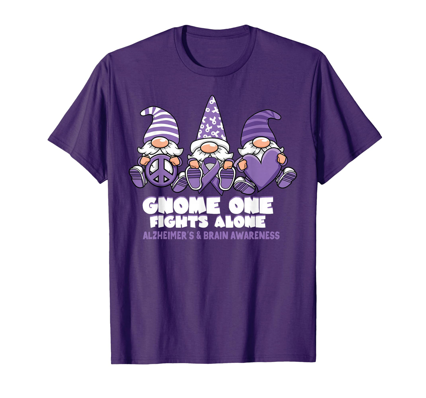 Alzheimers Brain Awareness Gnome One Fights Alone Purple T-Shirt