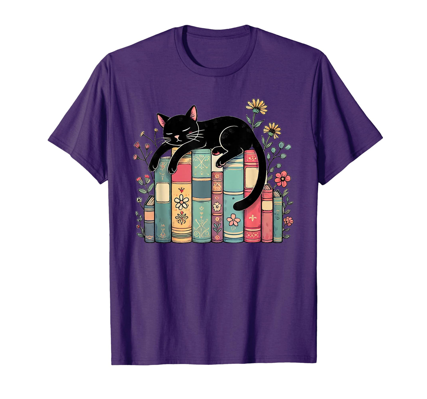 Floral Black Cat Sleeping On Books T-Shirt