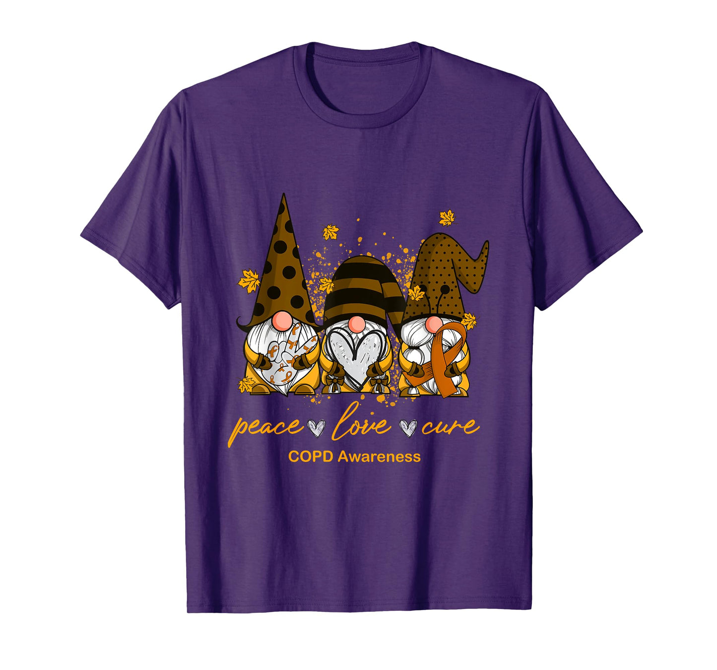 Peace Love Cure Three Gnomes Orange Ribbon COPD Awareness T-Shirt