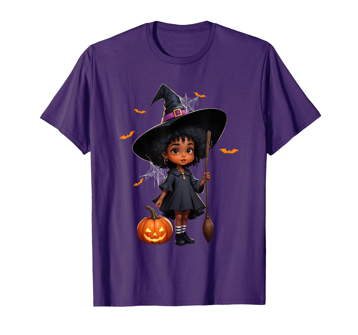 African American Black Girl Cute Witch Halloween Pumpkin T-Shirt