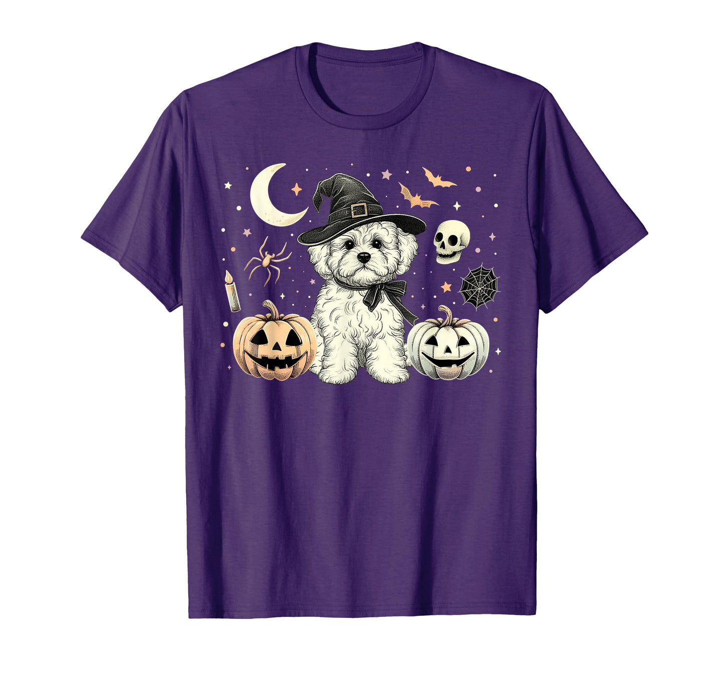 Cute Halloween Maltipoo Witch & Pumpkins Bats Spooky Holiday T-Shirt