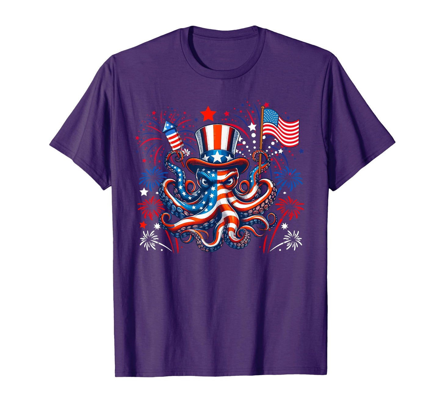 Octopus 4th July US Flag Fireworks Sea Animal Patriotic Team T-Shirt