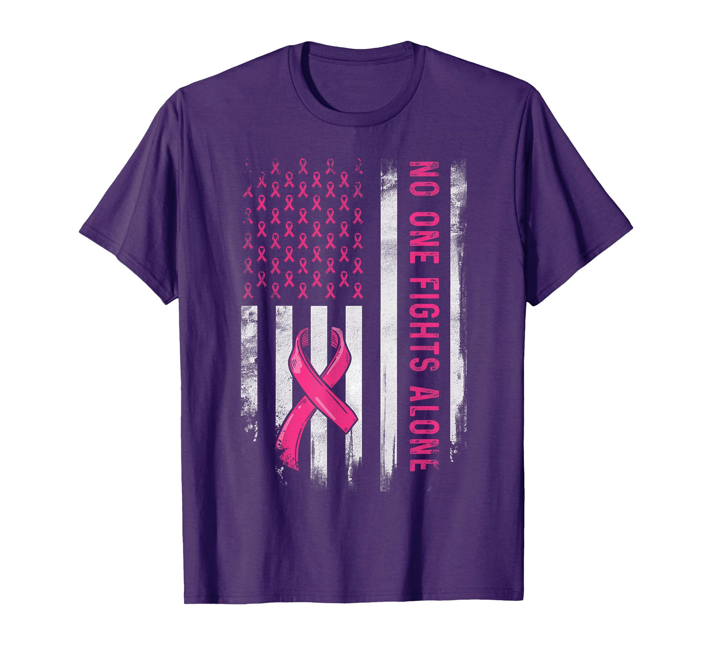 No One Fights Breast Cancer Alone American Flag Pink Ribbon T-Shirt