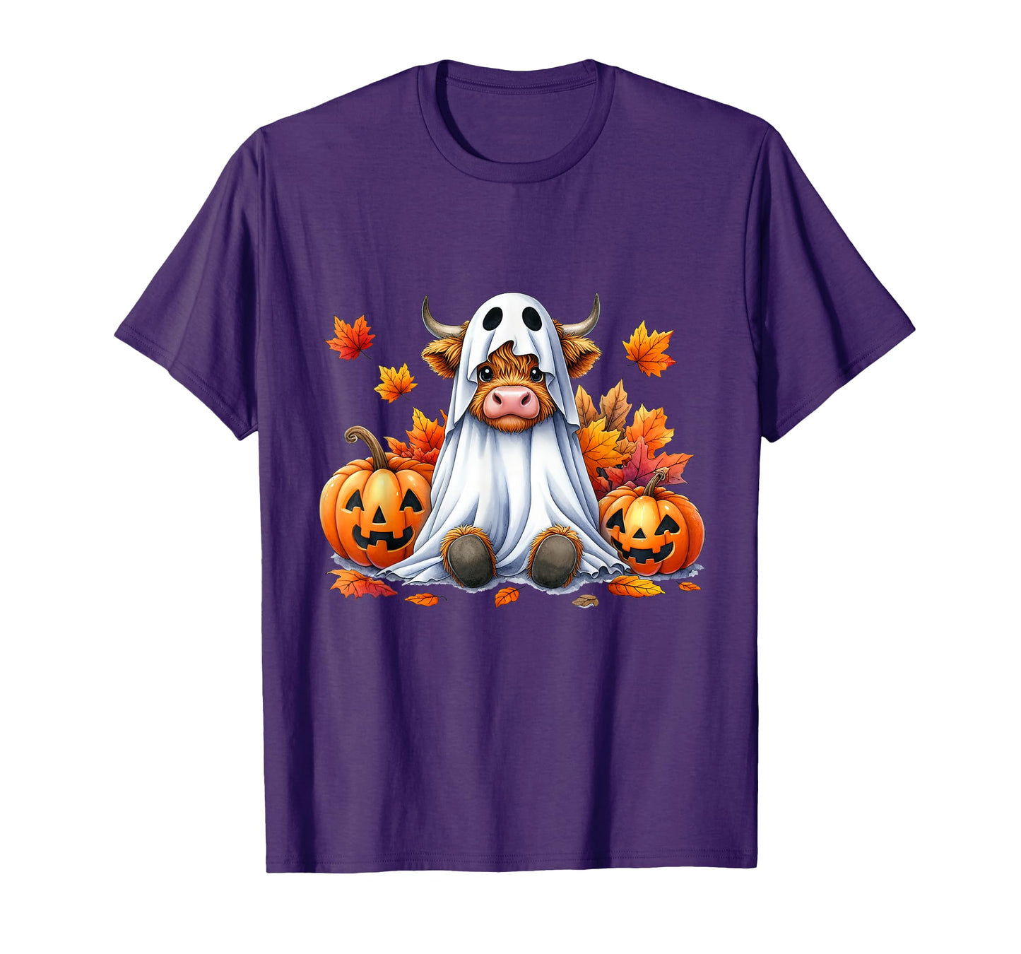 Funny Halloween Highland Cow Ghost Spooky Pumpkin Hello Fall T-Shirt