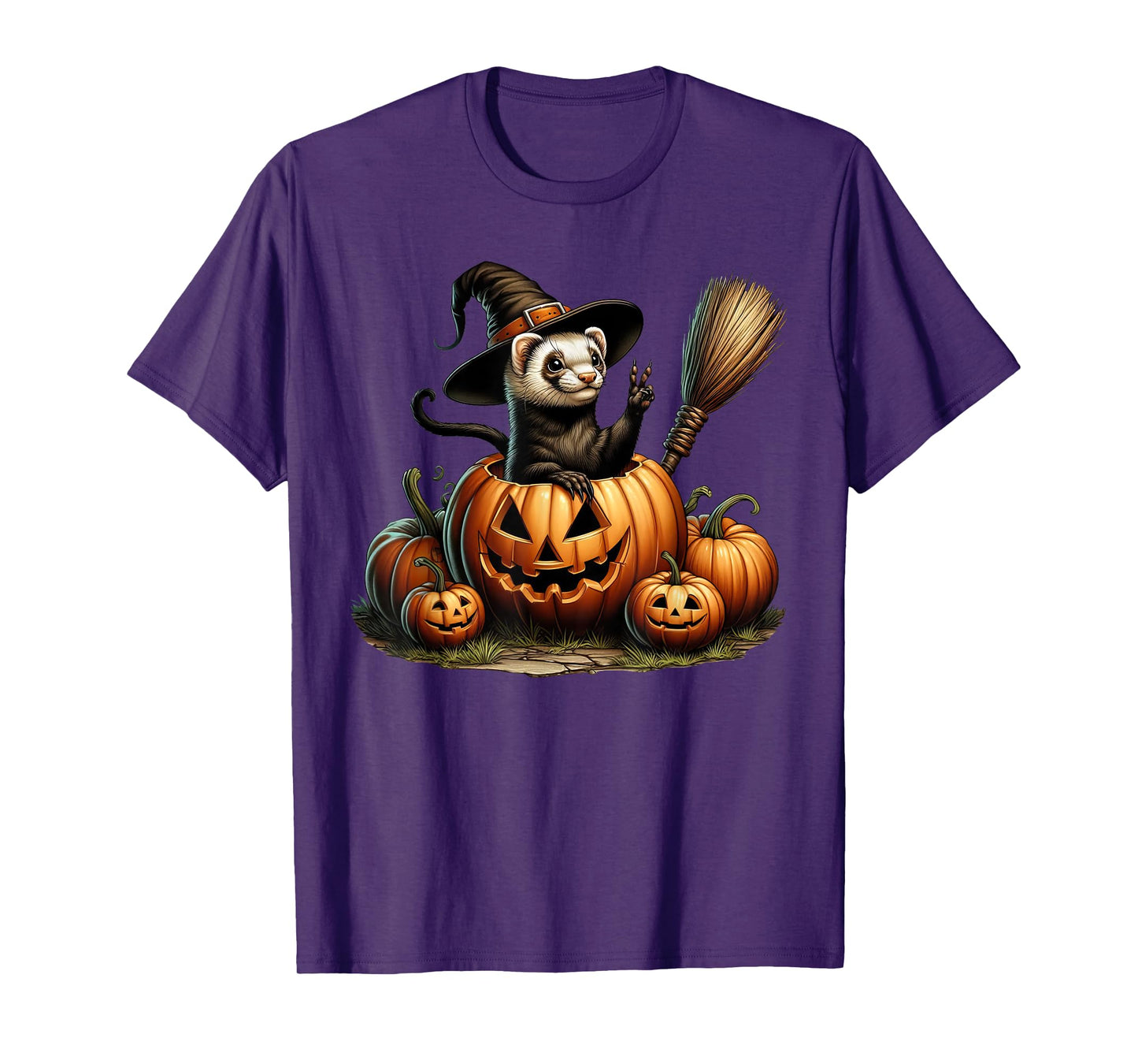 Funny Ferret Witch Pumpkin Halloween Mens Womens Kids T-Shirt