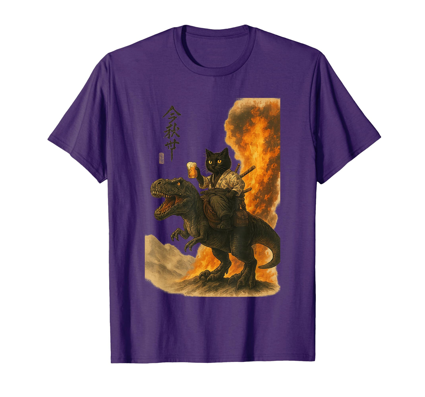 Black Cat Samurai Dinosaur Sea Wave Print T-Shirt
