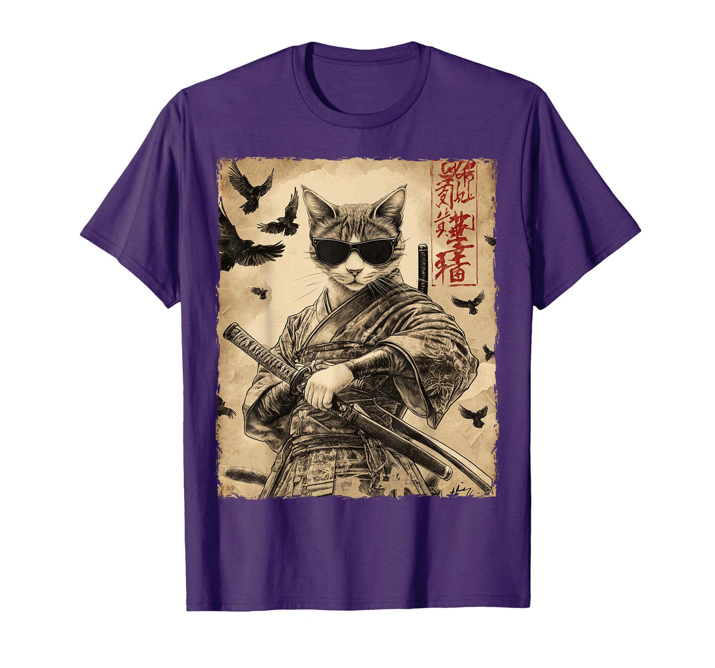 Cat Samurai Sunglasses Japanese Warrior Anime T-Shirt