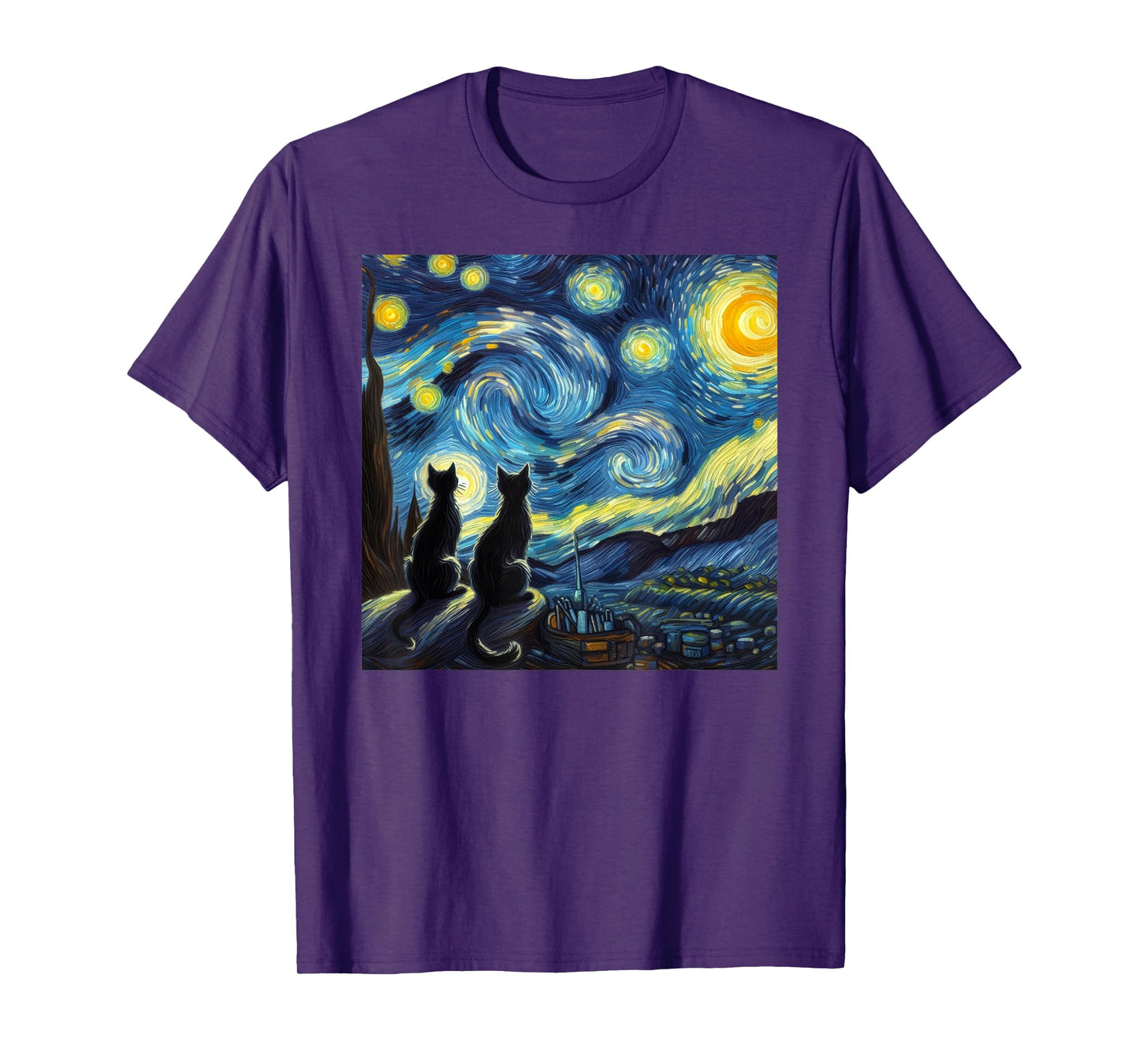 Black Cats Lover Starry Night Van Gogh T-Shirt