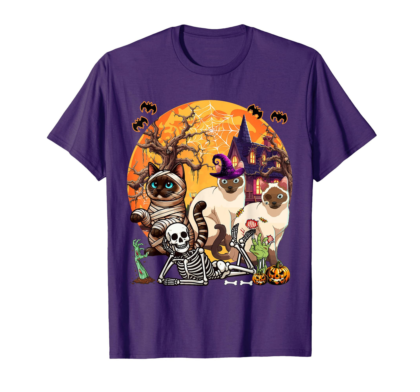 Three Horror Siamese Cats Cosplay Witch Halloween Skeleton T-Shirt